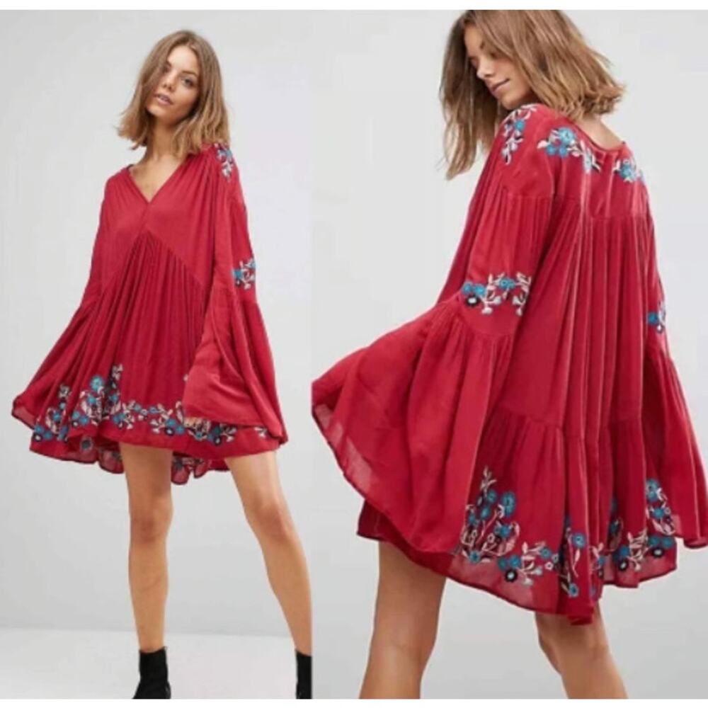 Free People - Te Amo Embroidered Flare Sleeve V Neck Babydoll Swing Dress Size S